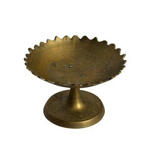 VTG Ornate Solid Brass Pedestal Bowl Footed Etched Floral Dish MCM Centerpiece